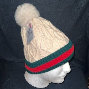 NWT Cream Knitted Faux Fur Lined red & green stripe beanie with Pom Pom